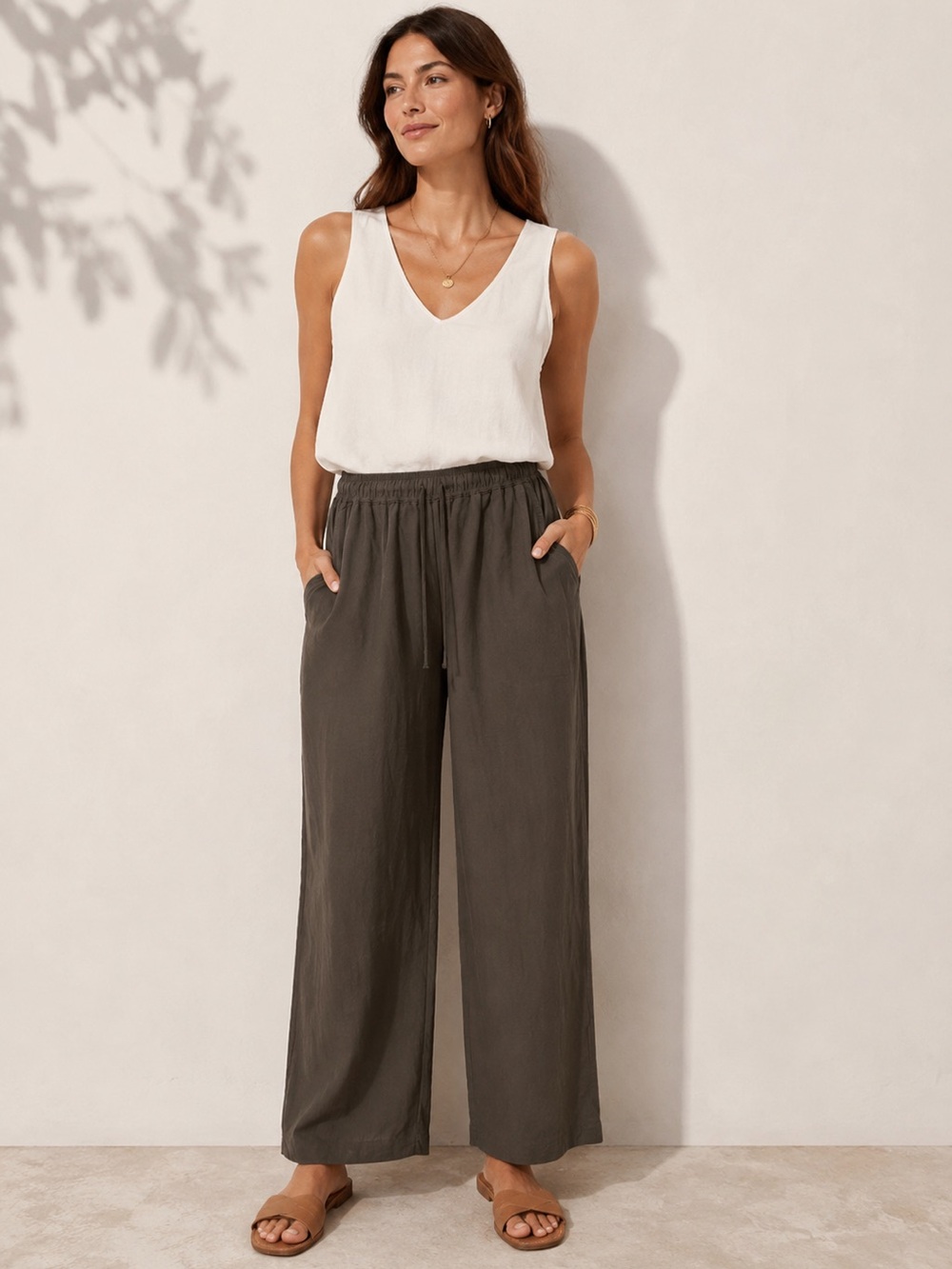 Garnet Hill Olive Wide-Leg Drawstring Pants